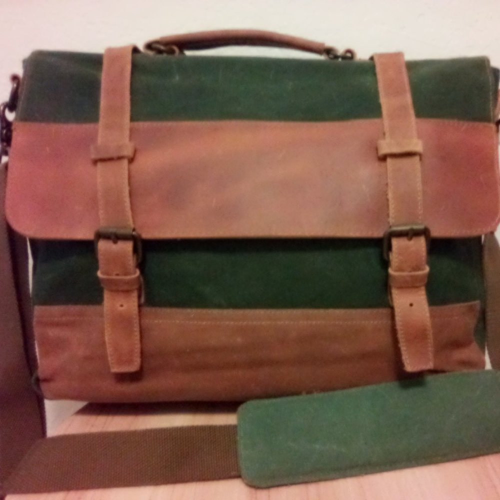 The Same Direction Forest Green and Tan Canvas Messenger Bag NEW